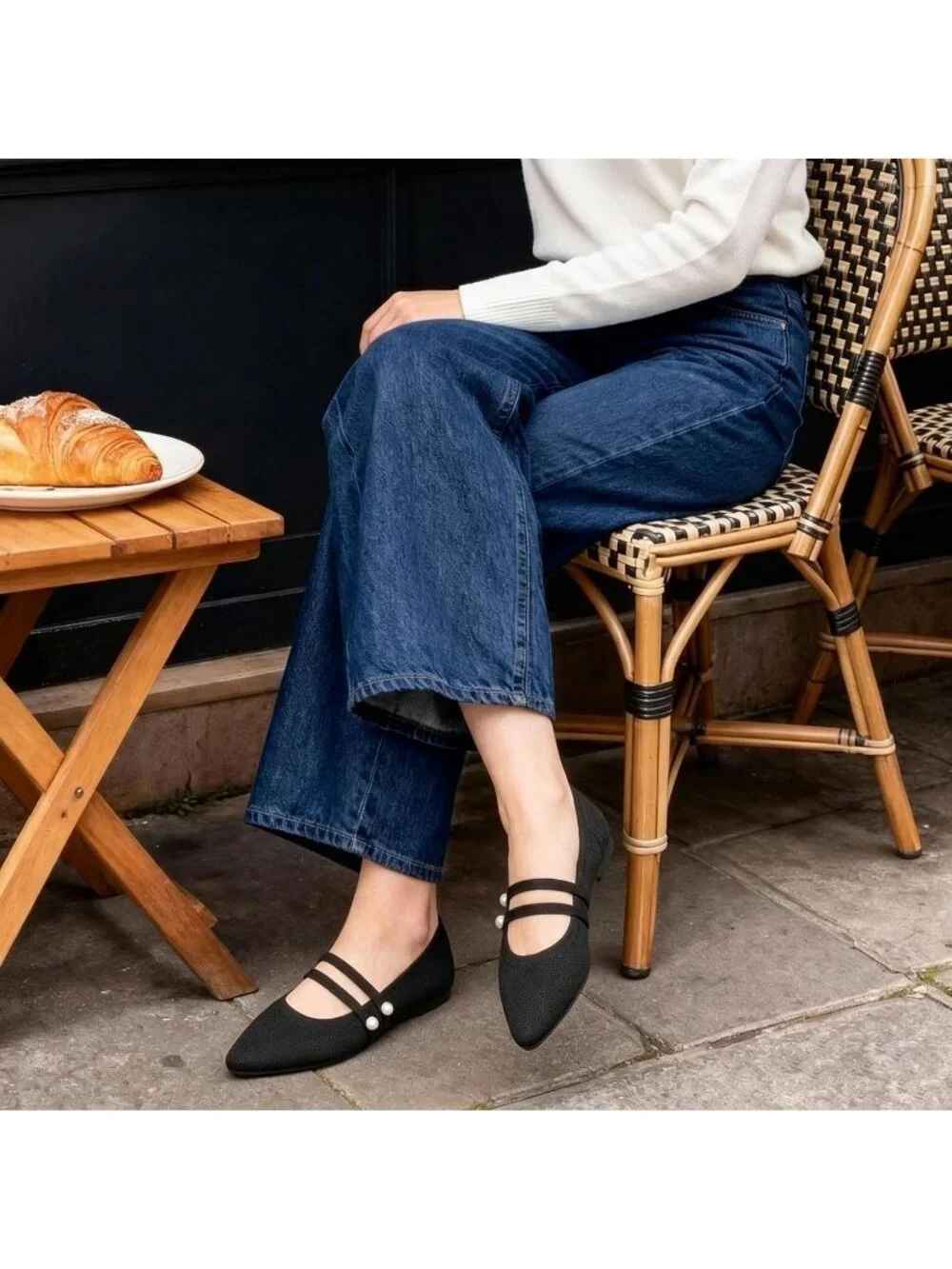 Women's Black Rubber Knit Pointed Toe Double Strap Ballet Flat Breathable Shoes
